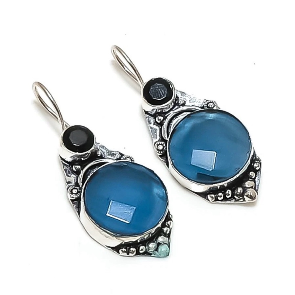Natural Iolite Quartz, Spinel Gemstone Handmade 925 Sterling Silver Earrings